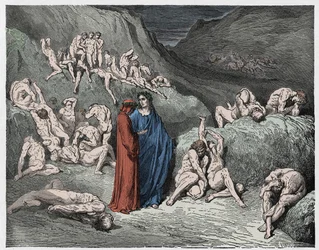 Inferno, sång 29: förfalskarna och bedragarna plågade av klåda, illustration ur Den gudomliga komedin av Dante Alighieri, 1885, efter Gustave Doré, digitalt färglagd gravyr